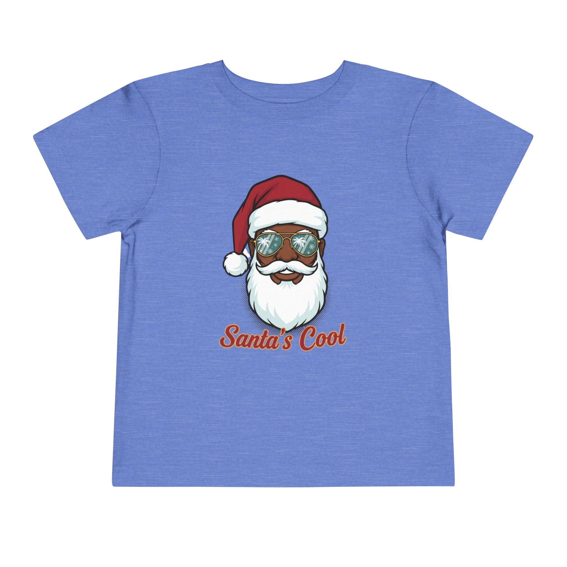 Blue t-shirt with a graphic of a Santa Claus face wearing sunglasses and the text 'Santa's Cool' on a white background.