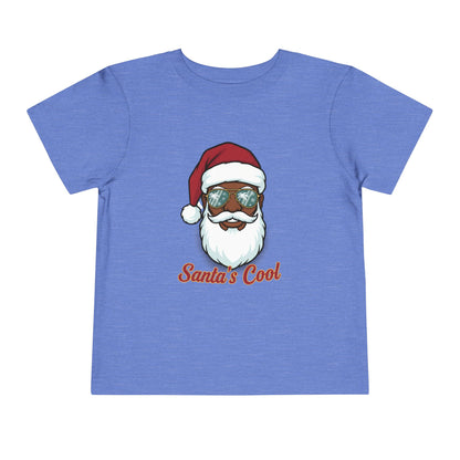 Blue t-shirt with a graphic of a Santa Claus face wearing sunglasses and the text 'Santa's Cool' on a white background.