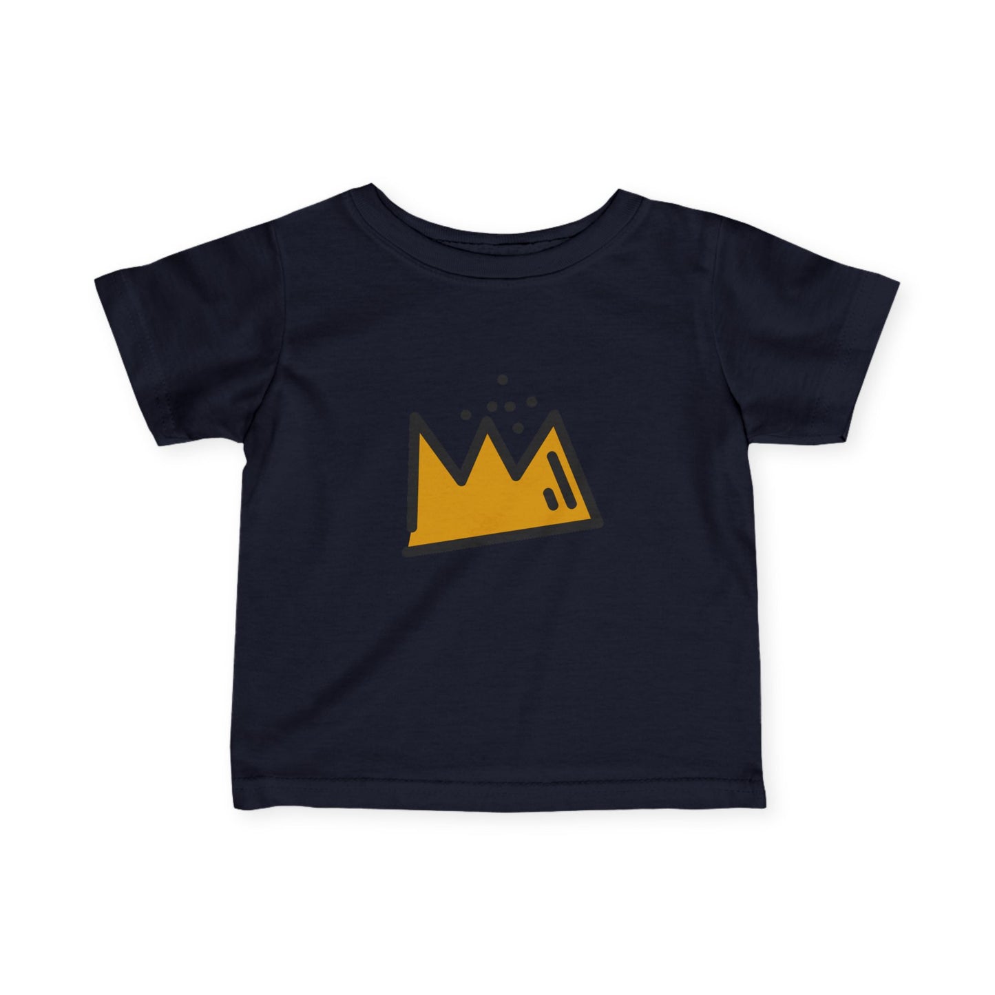 Black t-shirt with a yellow Basquiat crown logo on a white background