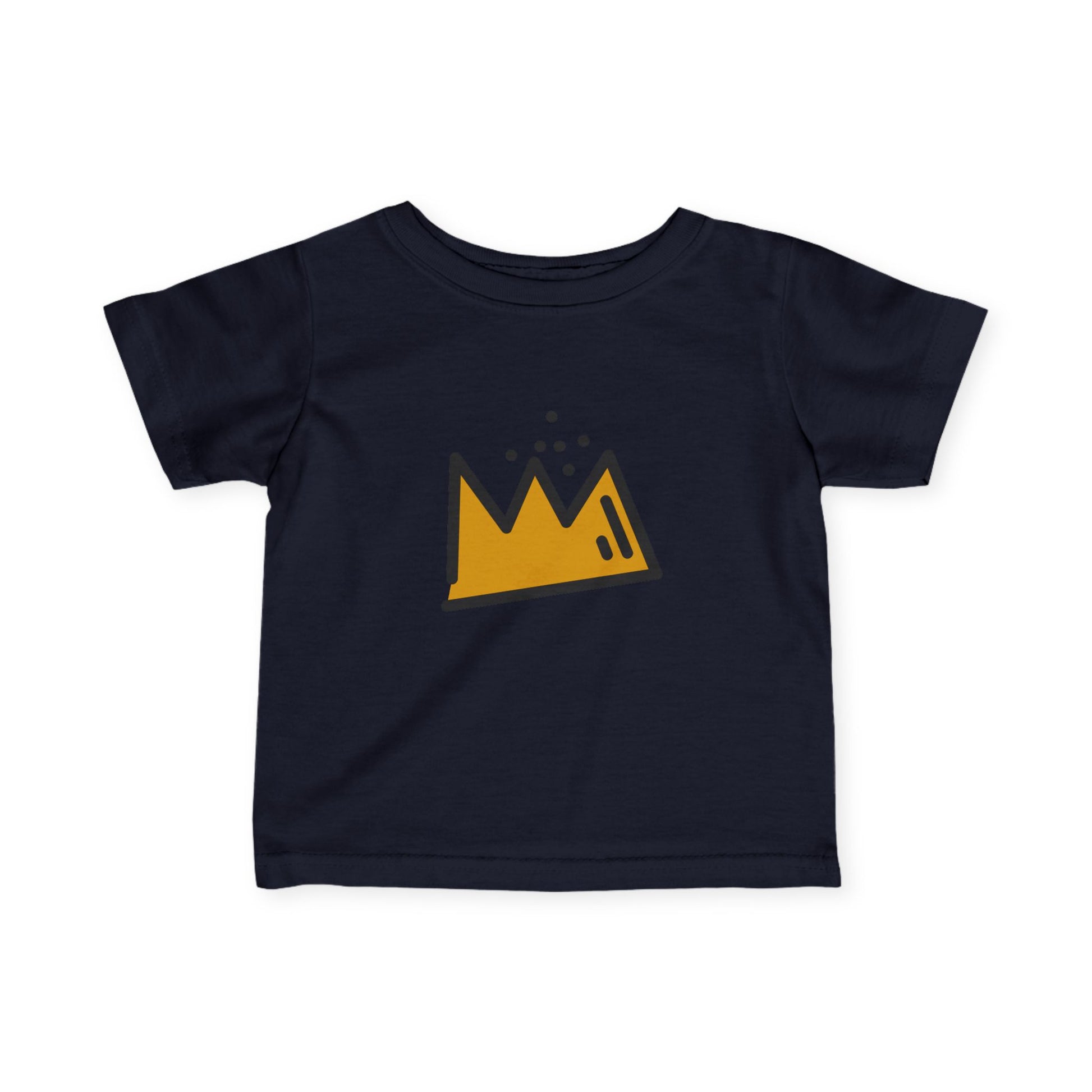 Black t-shirt with a yellow Basquiat crown logo on a white background