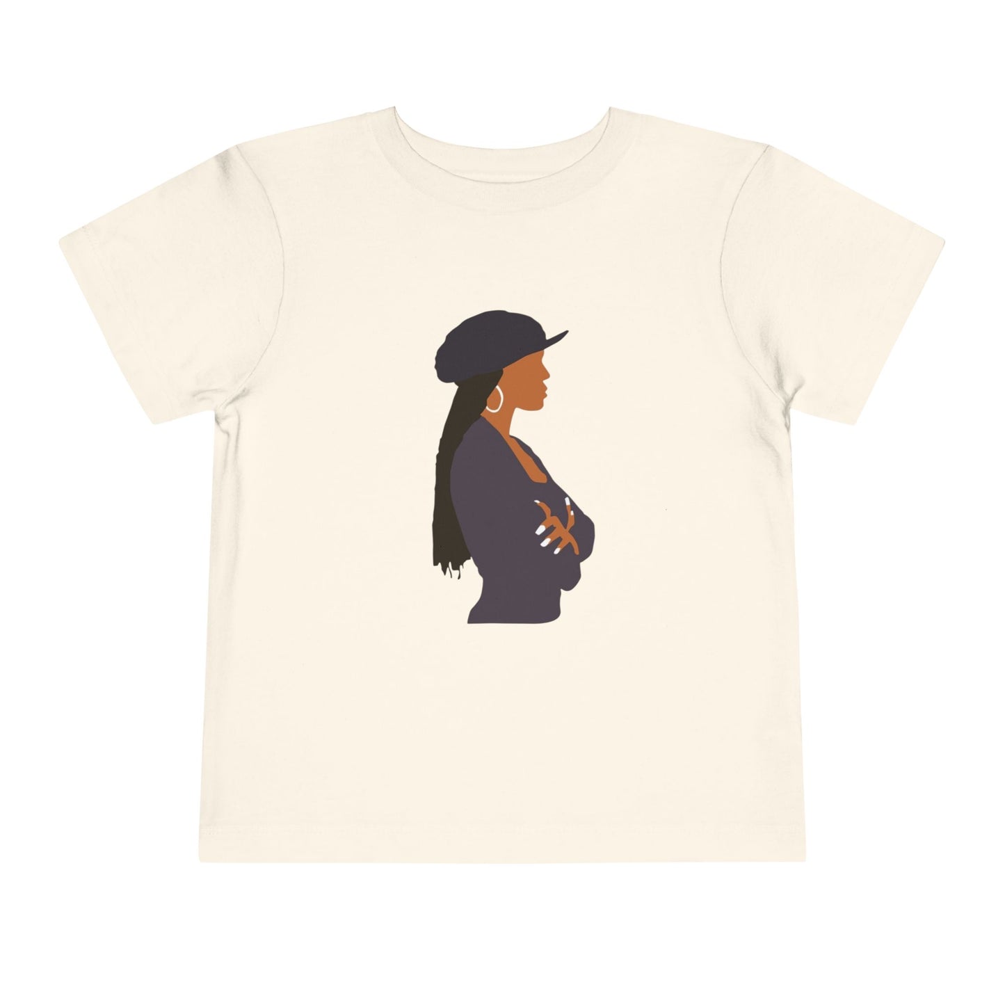 Beige t-shirt with a graphic of a woman wearing a hat on a white background