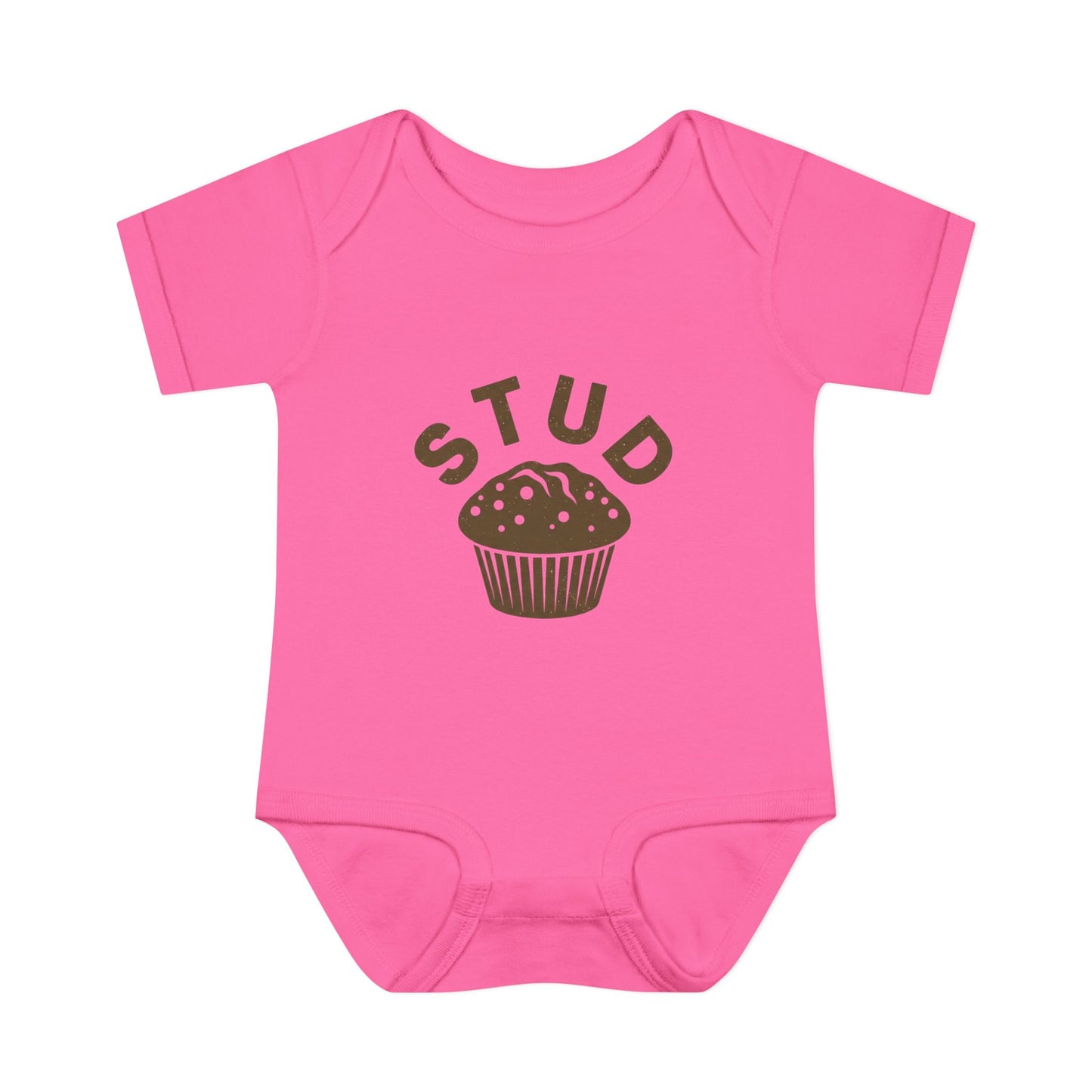 Pink baby onesie with 'STUD' and a cupcake graphic on a white background