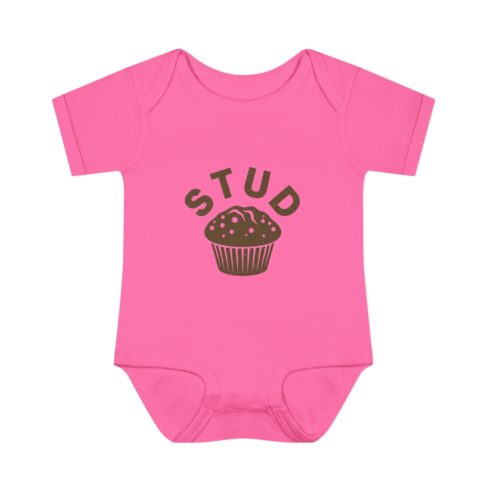 Pink baby onesie with 'STUD' and a cupcake graphic on a white background