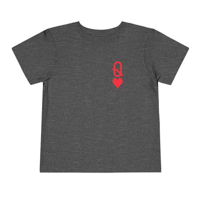 Gray t-shirt with a red heart and chain design on a white background