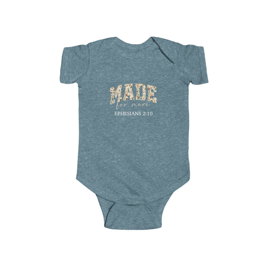 Gray baby onesie with 'made for more' text and Ephesians 2:10