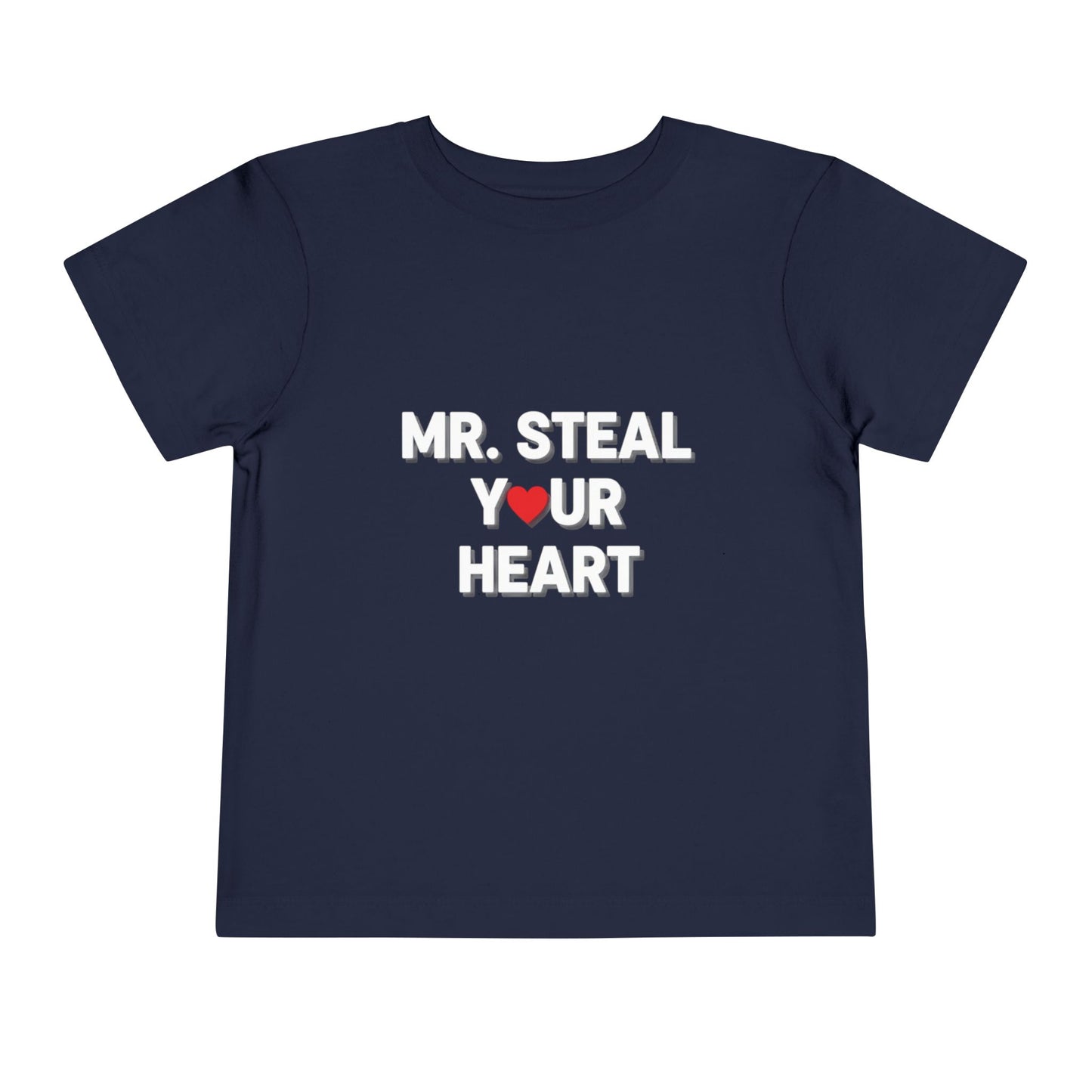 Navy blue t-shirt with 'MR. STEAL YOUR HEART' text on a white background