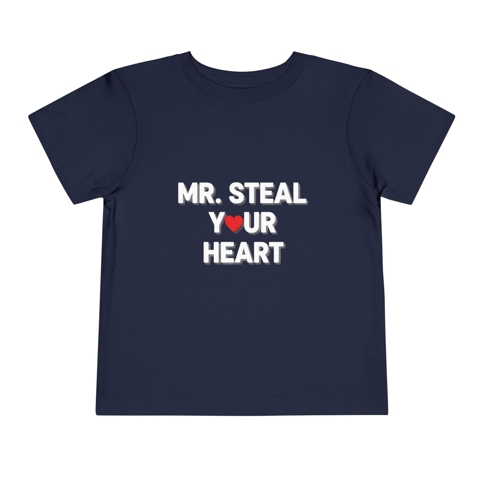 Navy blue t-shirt with 'MR. STEAL YOUR HEART' text on a white background