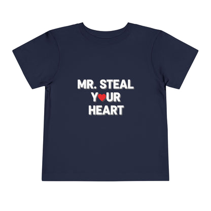 Navy blue t-shirt with 'MR. STEAL YOUR HEART' text on a white background