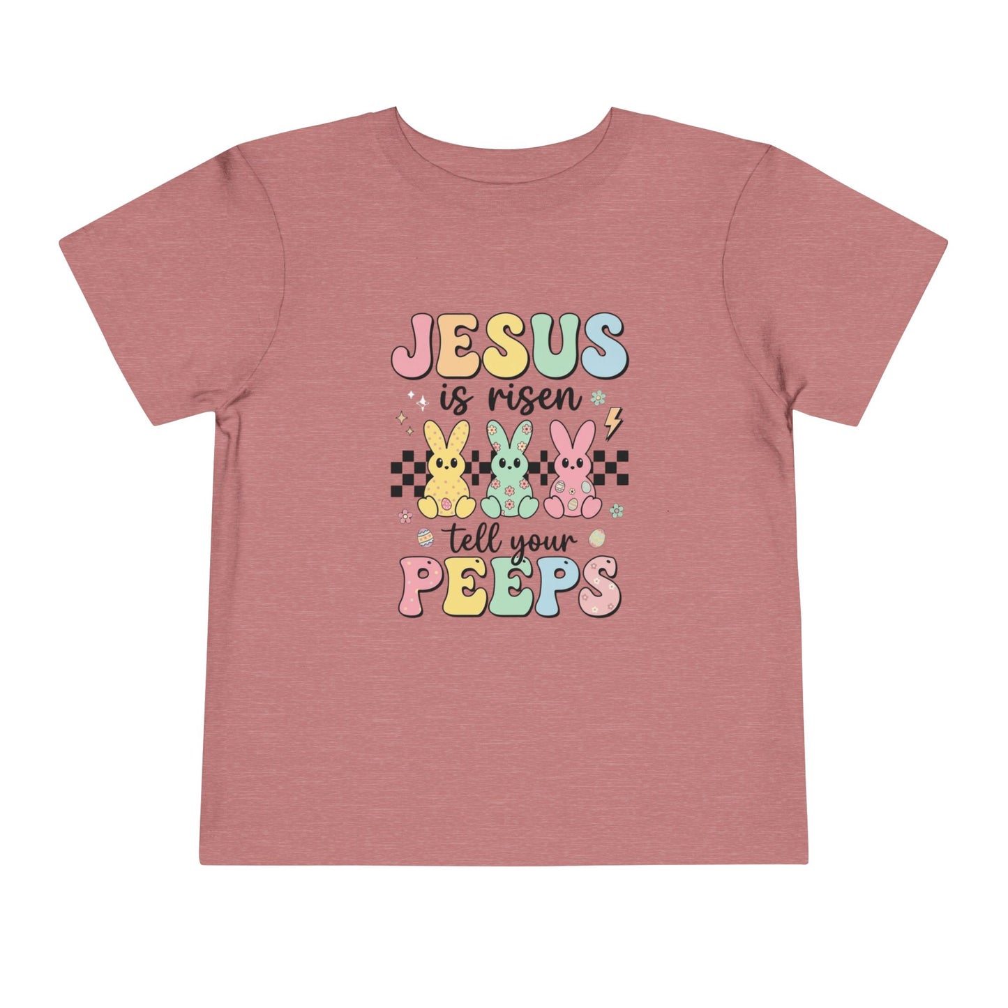 Mauve t-shirt with colorful Easter text and bunny graphics on a white background