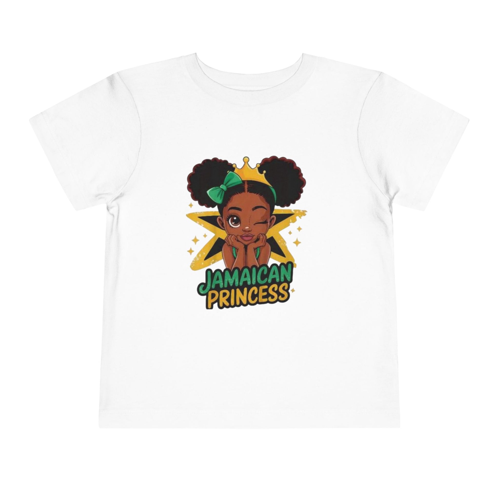 White t-shirt with 'Jamaican Princess' graphic design on a white background