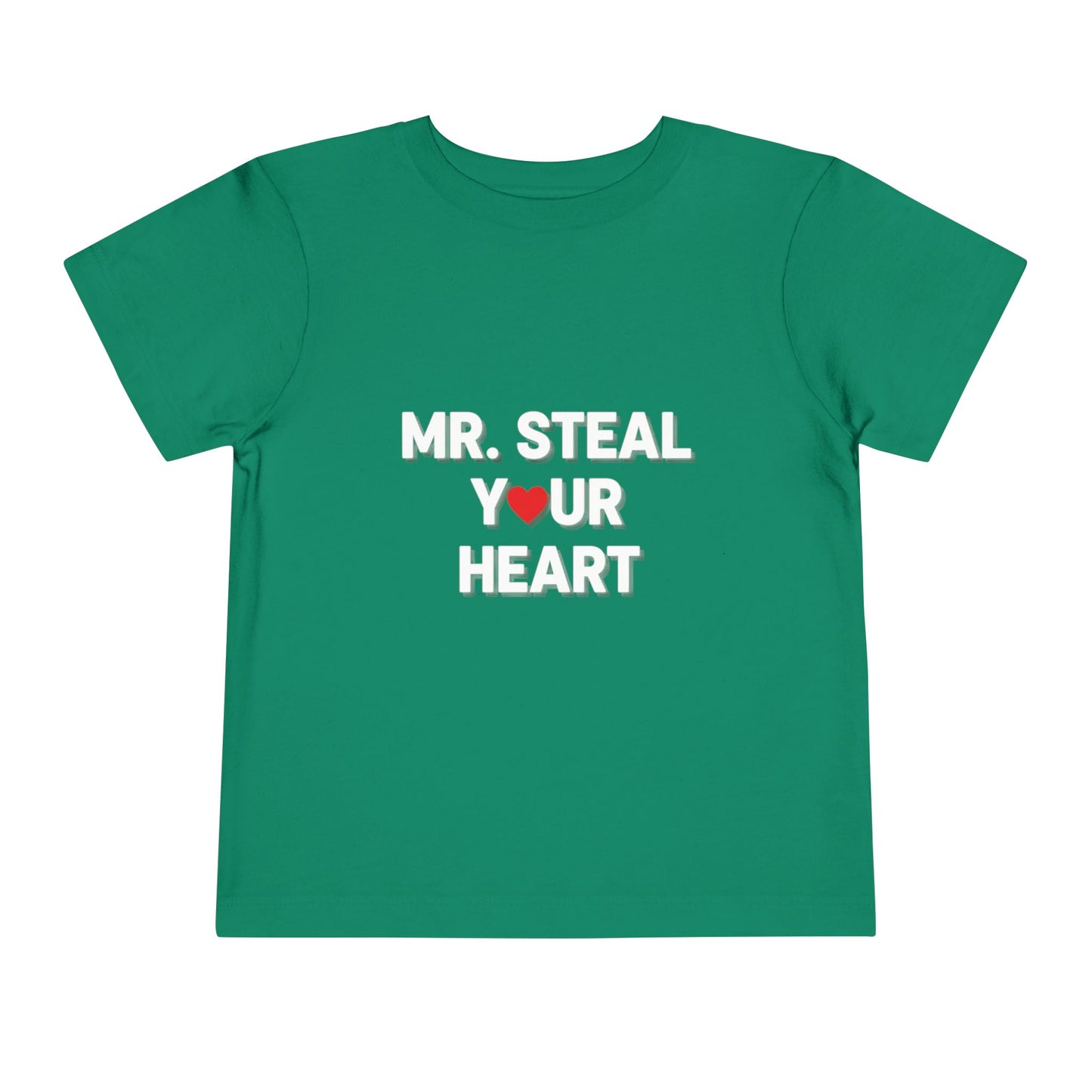 Green t-shirt with 'MR. STEAL YOUR HEART' text on a white background