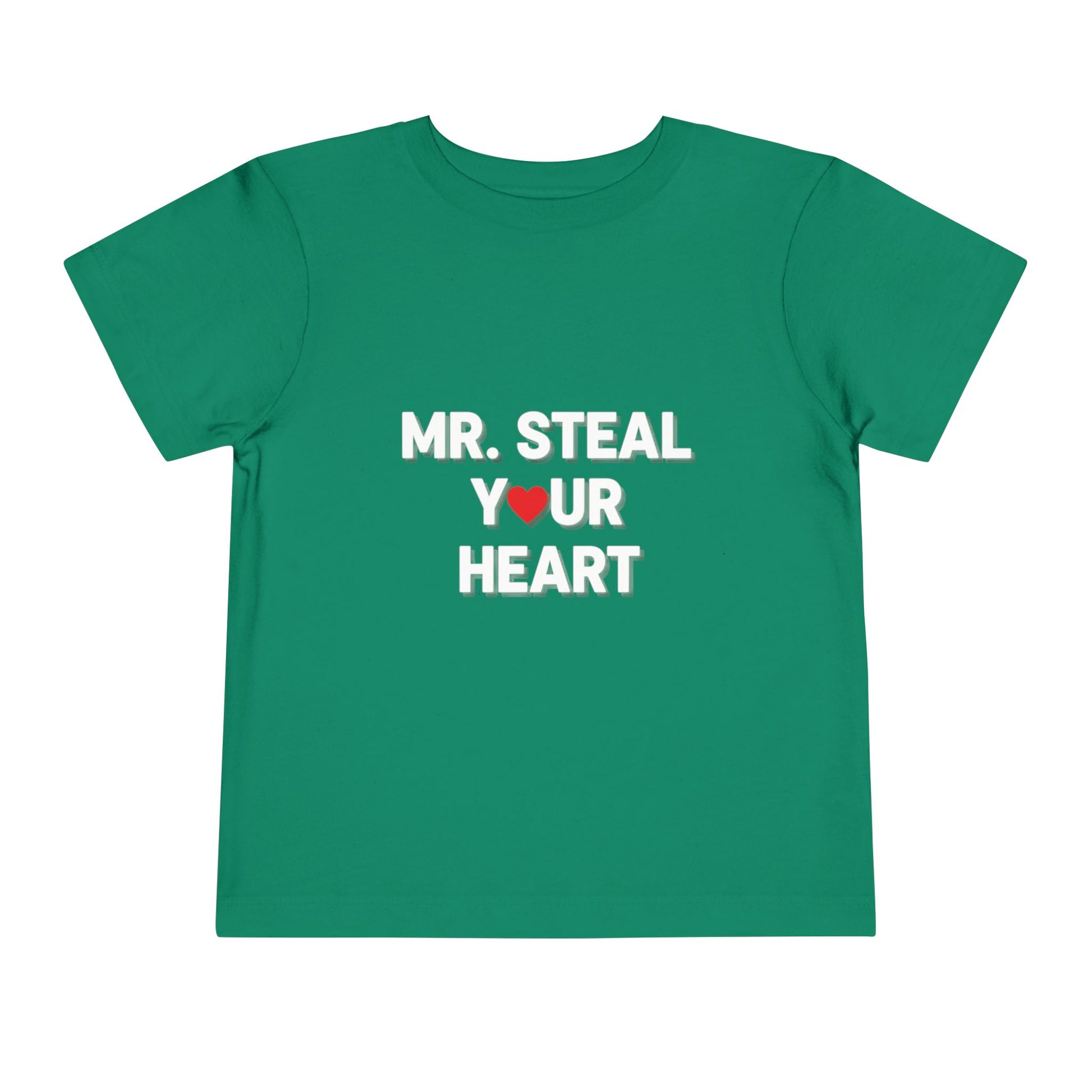 Green t-shirt with 'MR. STEAL YOUR HEART' text on a white background