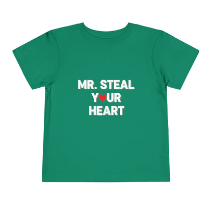 Green t-shirt with 'MR. STEAL YOUR HEART' text on a white background
