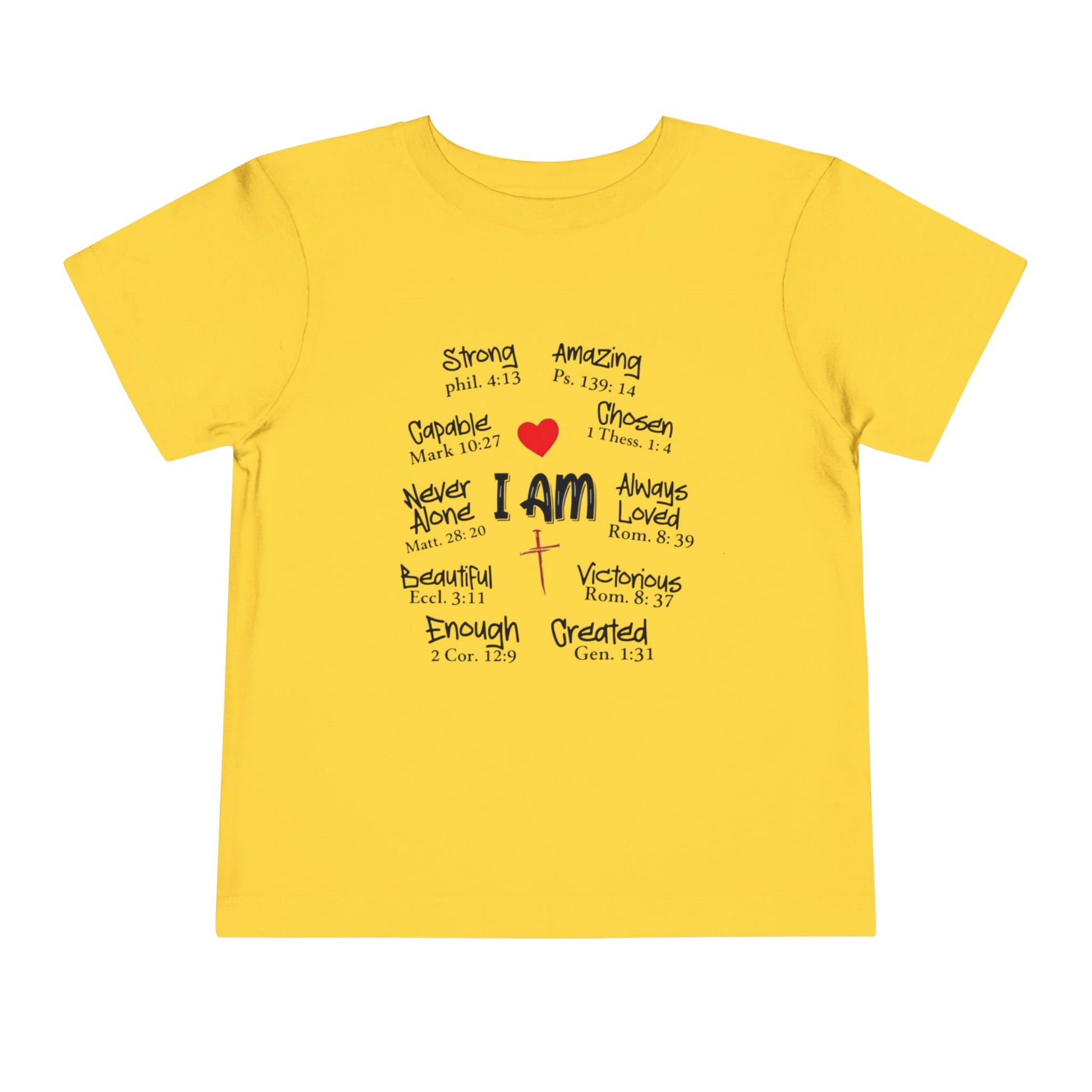 Yellow t-shirt with motivational text and a red heart on a white background