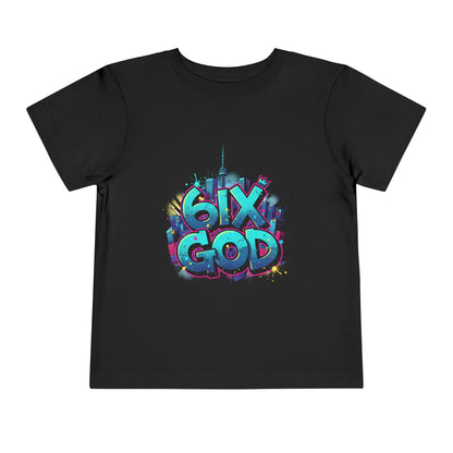 Black t-shirt with colorful '6ix God' graphic design on a white background