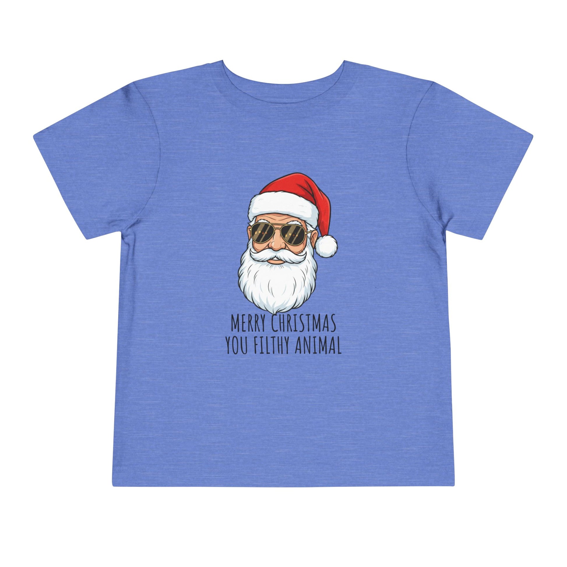 Blue t-shirt with a graphic of Santa Claus wearing sunglasses and text on a white background