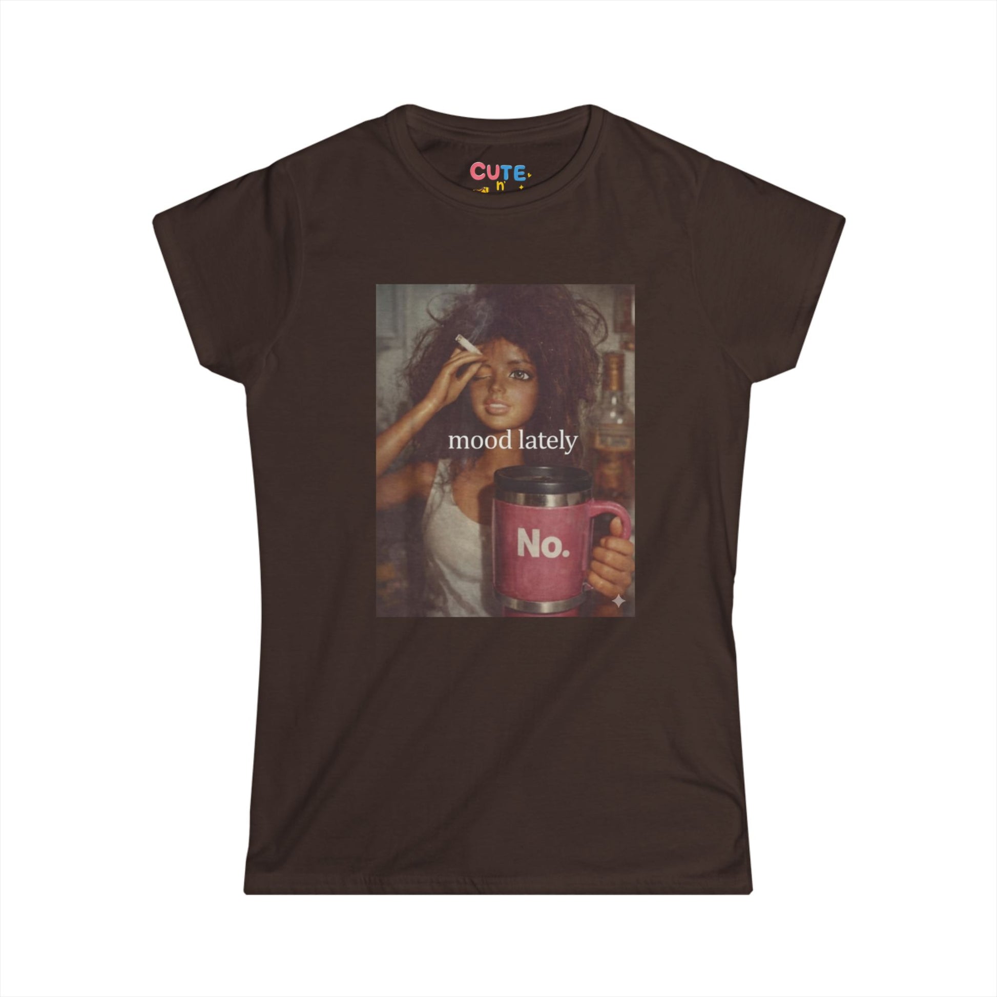 Brown t-shirt with graphic design of a woman holding a mug and text 'mood lately No.' on a white background.