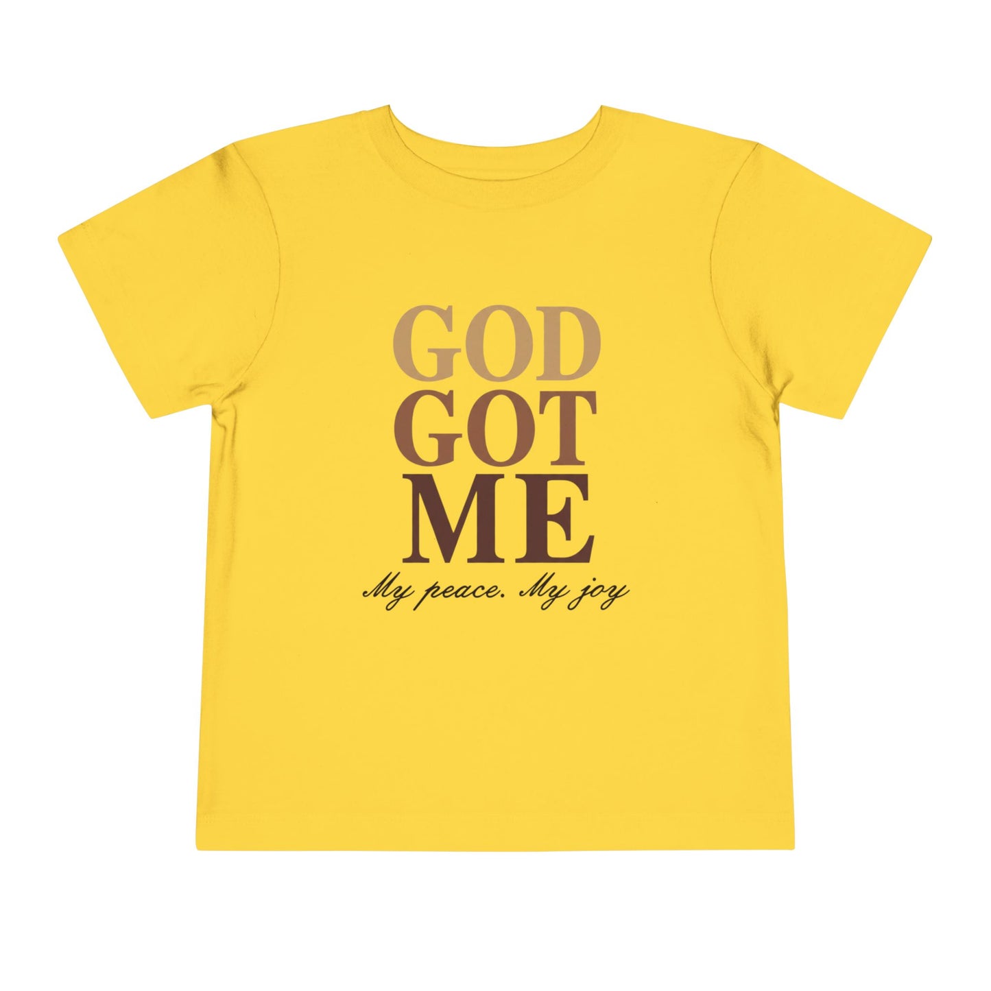Yellow t-shirt with 'GOD GOT ME My peace. My joy' text on a white background