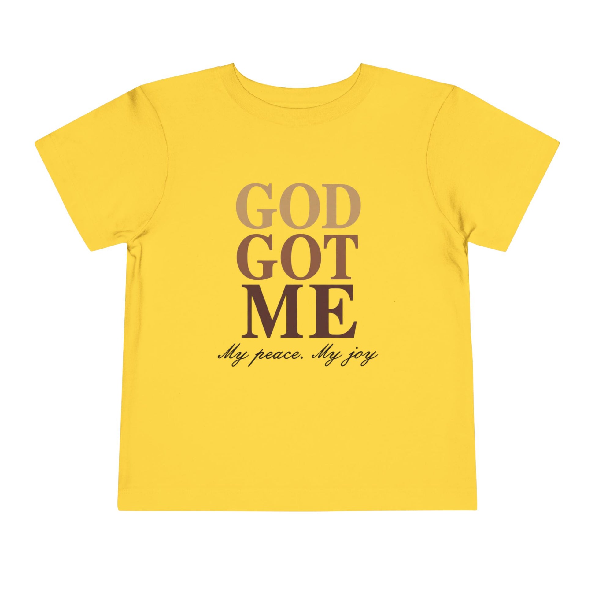 Yellow t-shirt with 'GOD GOT ME My peace. My joy' text on a white background