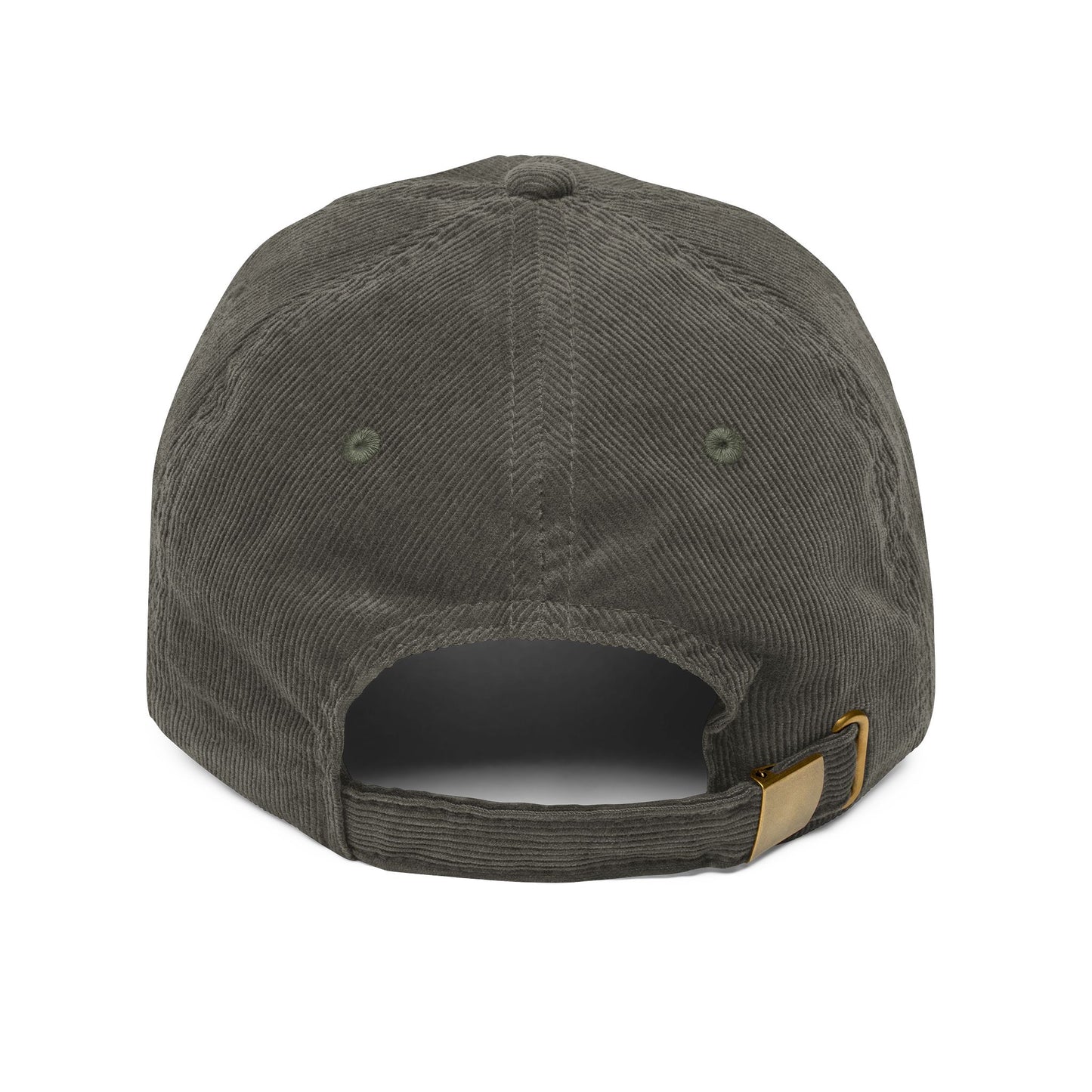Dark gray baseball cap with a gold buckle on a white background