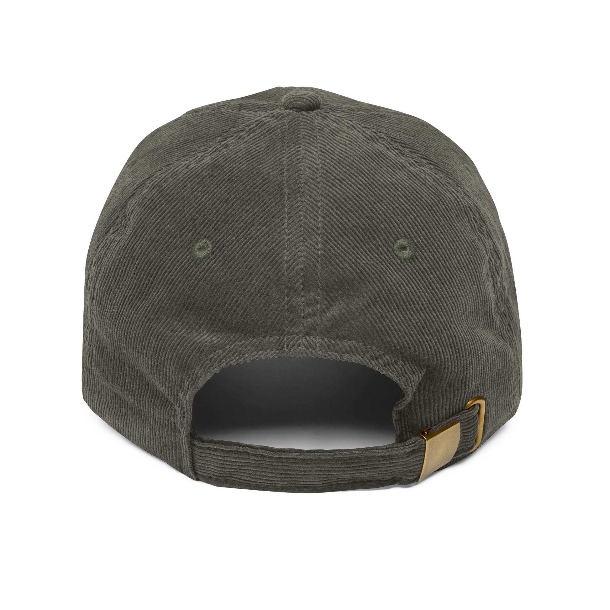 Dark gray baseball cap with a gold buckle on a white background