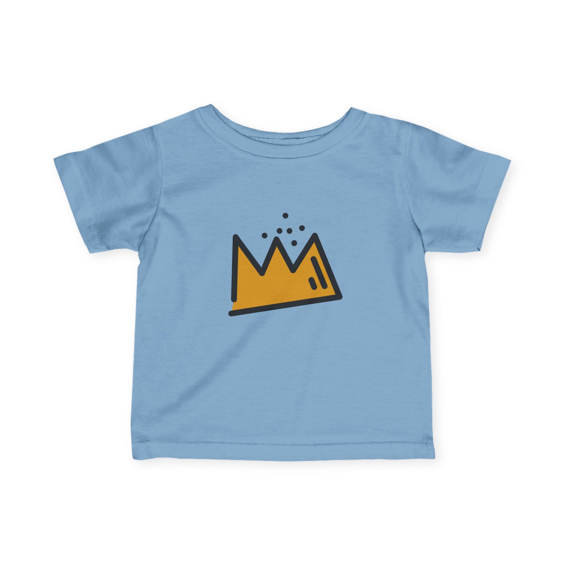 Light blue t-shirt with a yellow Basquiat crown graphic on a white background