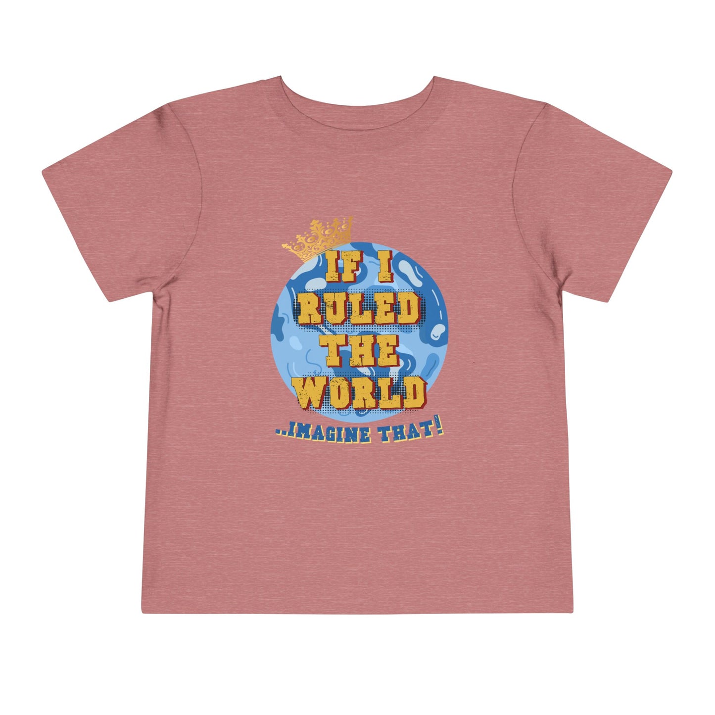 Pink t-shirt with a graphic of a globe and text on a white background