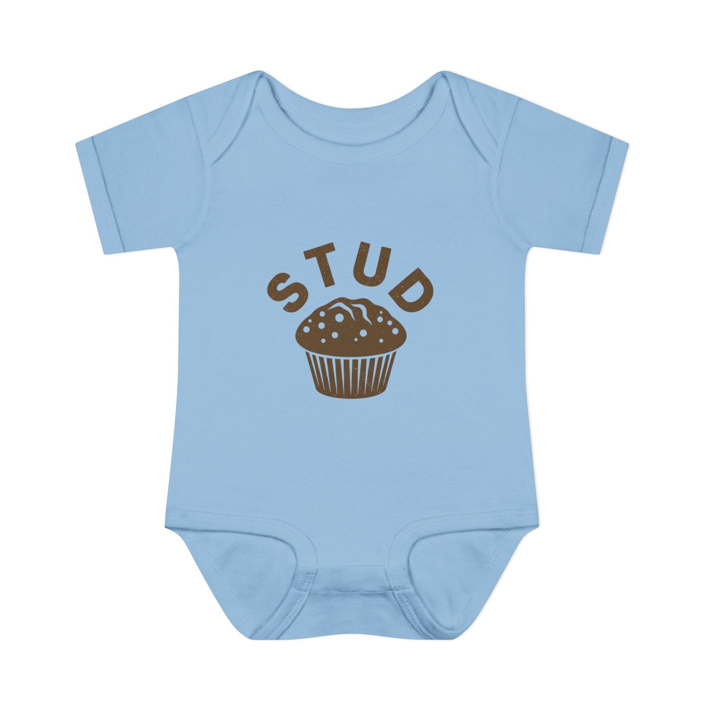 Light blue baby onesie with brown 'STUD' and muffin graphic on a white background