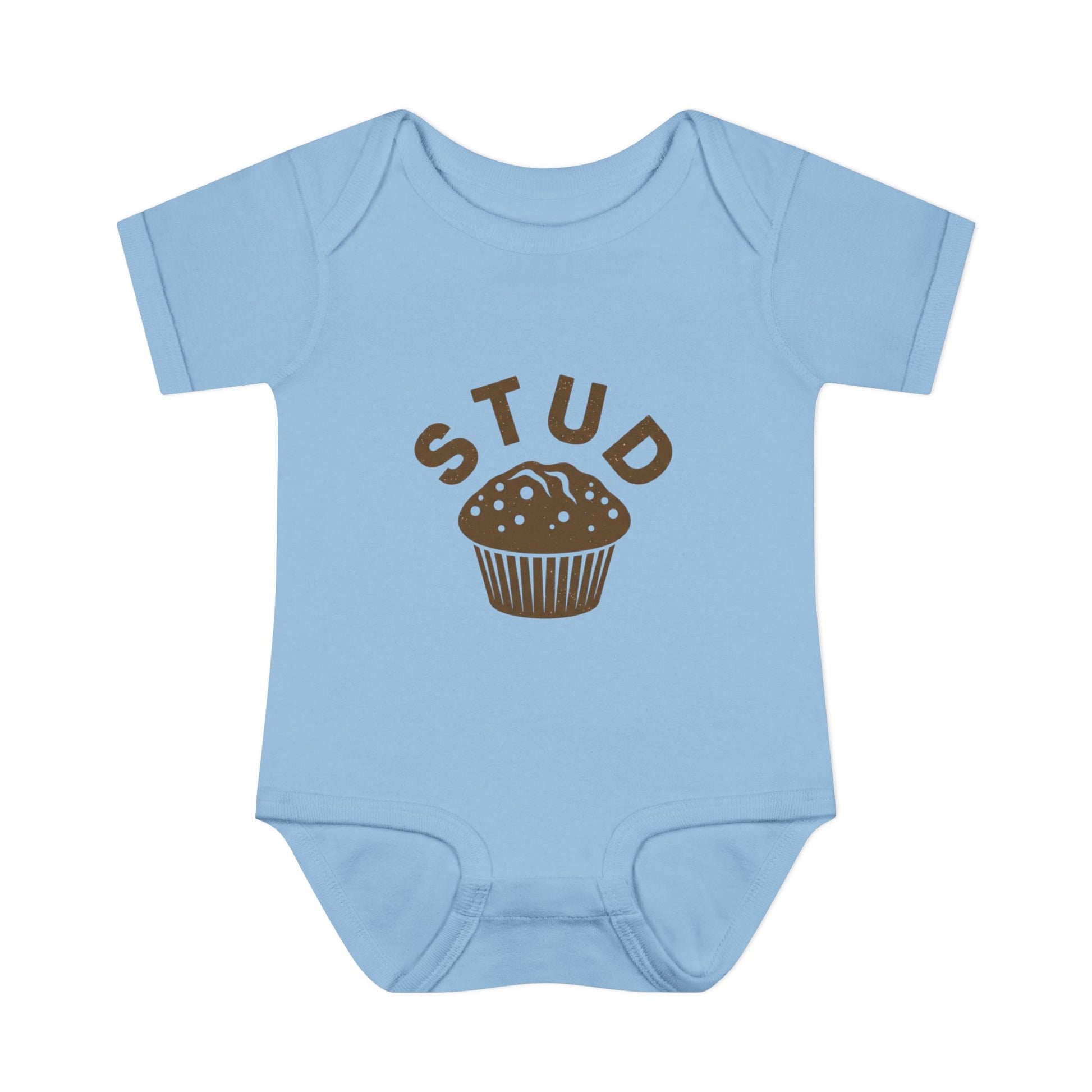 Light blue baby onesie with brown 'STUD' and muffin graphic on a white background