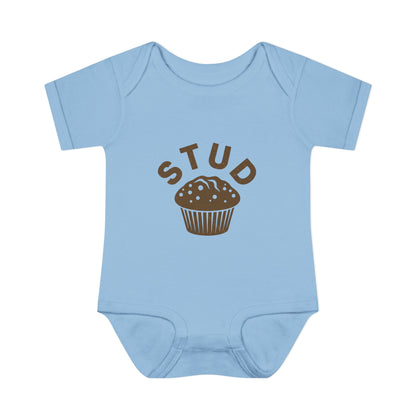 Light blue baby onesie with brown 'STUD' and muffin graphic on a white background