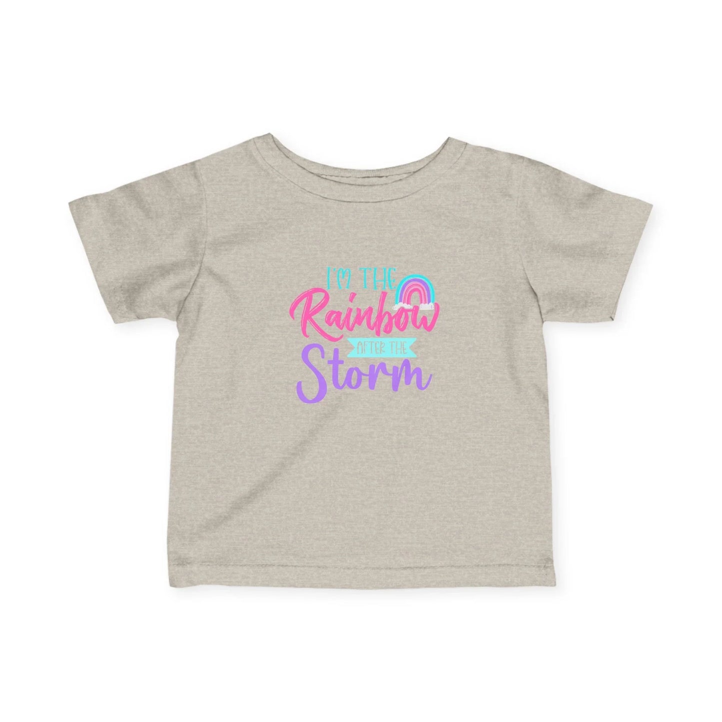 Beige t-shirt with colorful text design on a white background