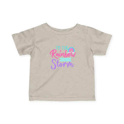 Beige t-shirt with colorful text design on a white background