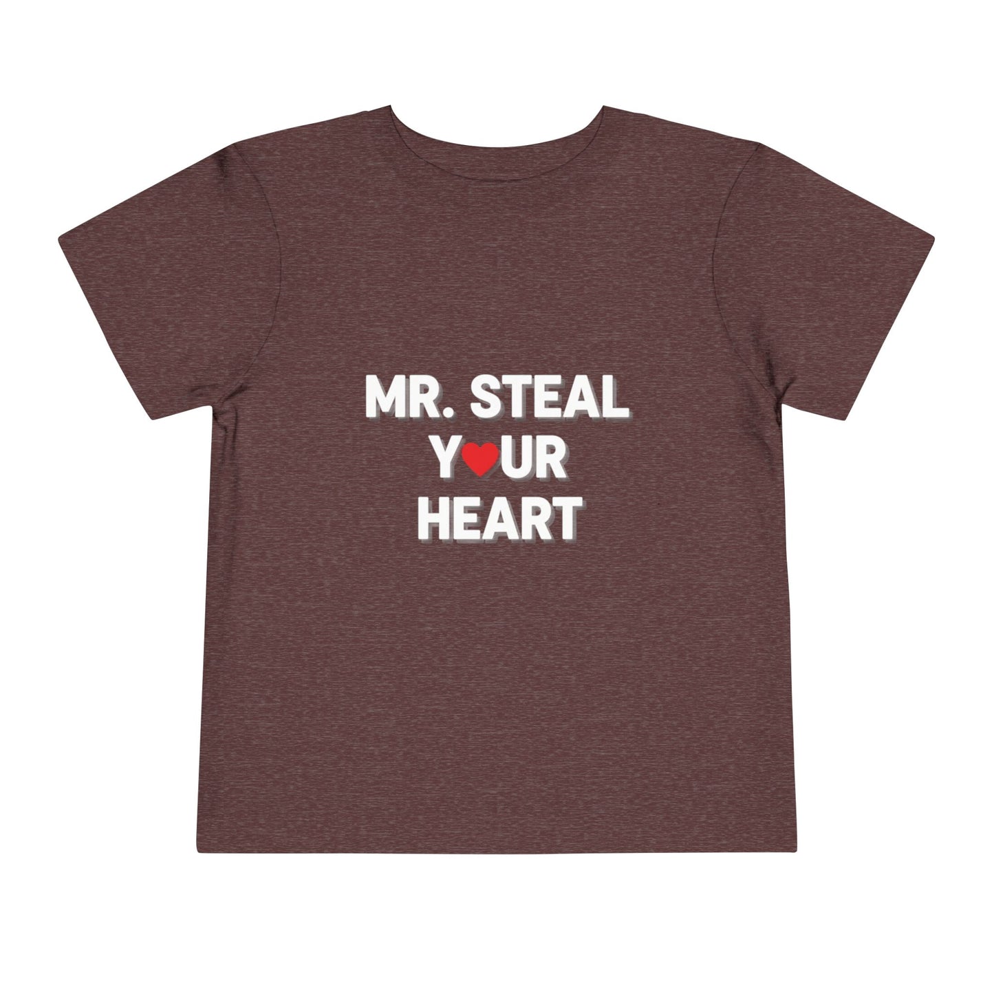 Brown t-shirt with 'MR. STEAL YOUR HEART' text on a white background