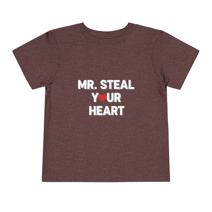 Brown t-shirt with 'MR. STEAL YOUR HEART' text on a white background