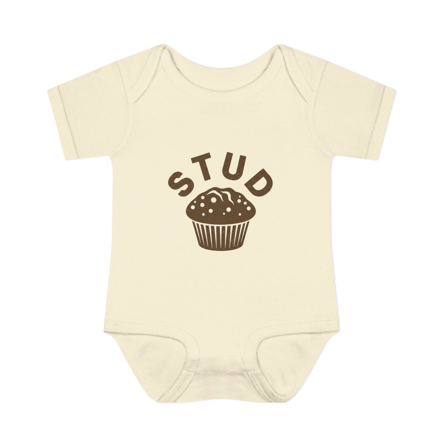 Beige baby onesie with 'STUD' and a muffin graphic on a white background