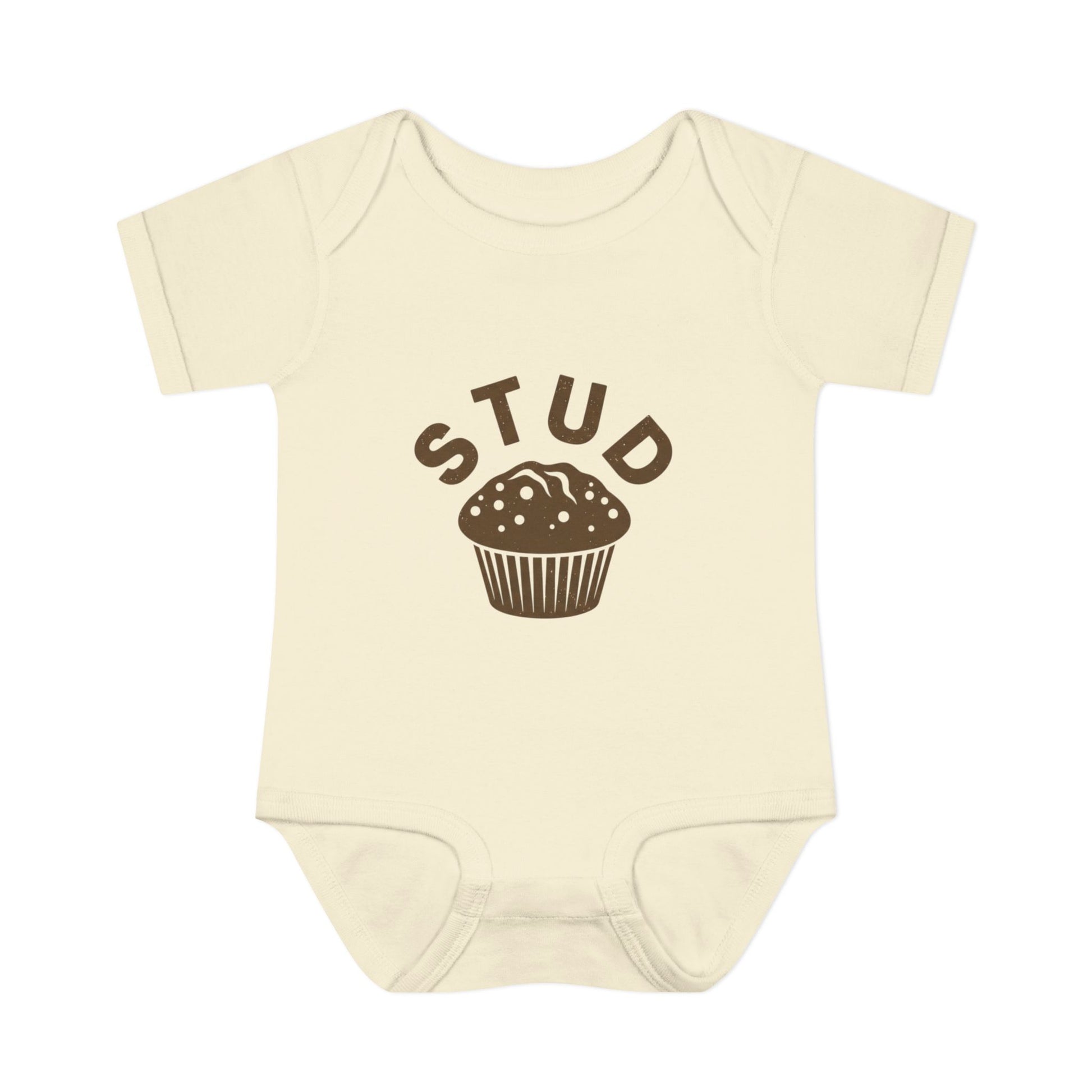 Beige baby onesie with 'STUD' and a muffin graphic on a white background