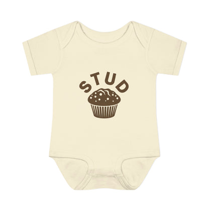 Beige baby onesie with 'STUD' and a muffin graphic on a white background
