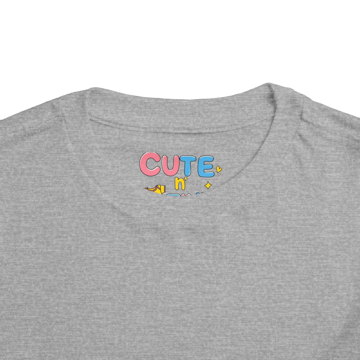 Gray t-shirt with colorful 'CUTE n' text on a white background