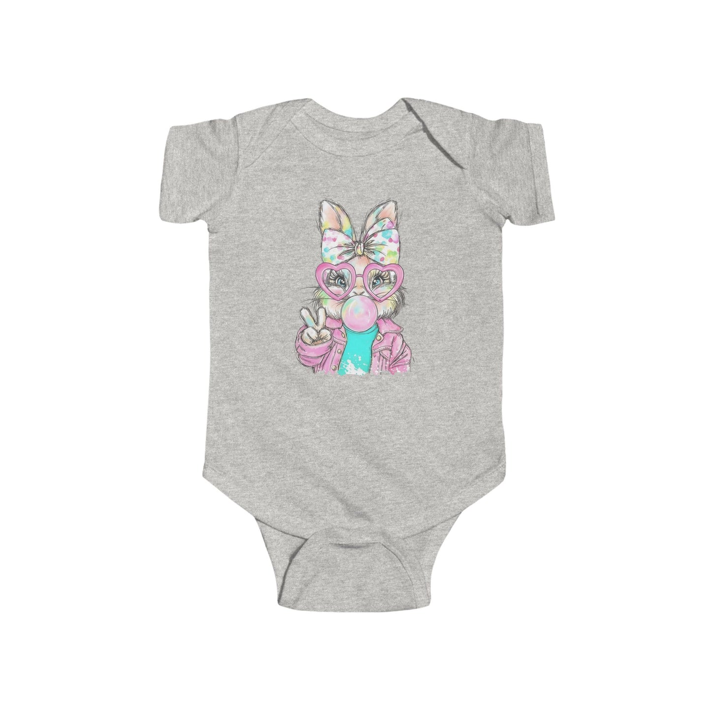 Gray baby onesie with a colorful fox design on a white background
