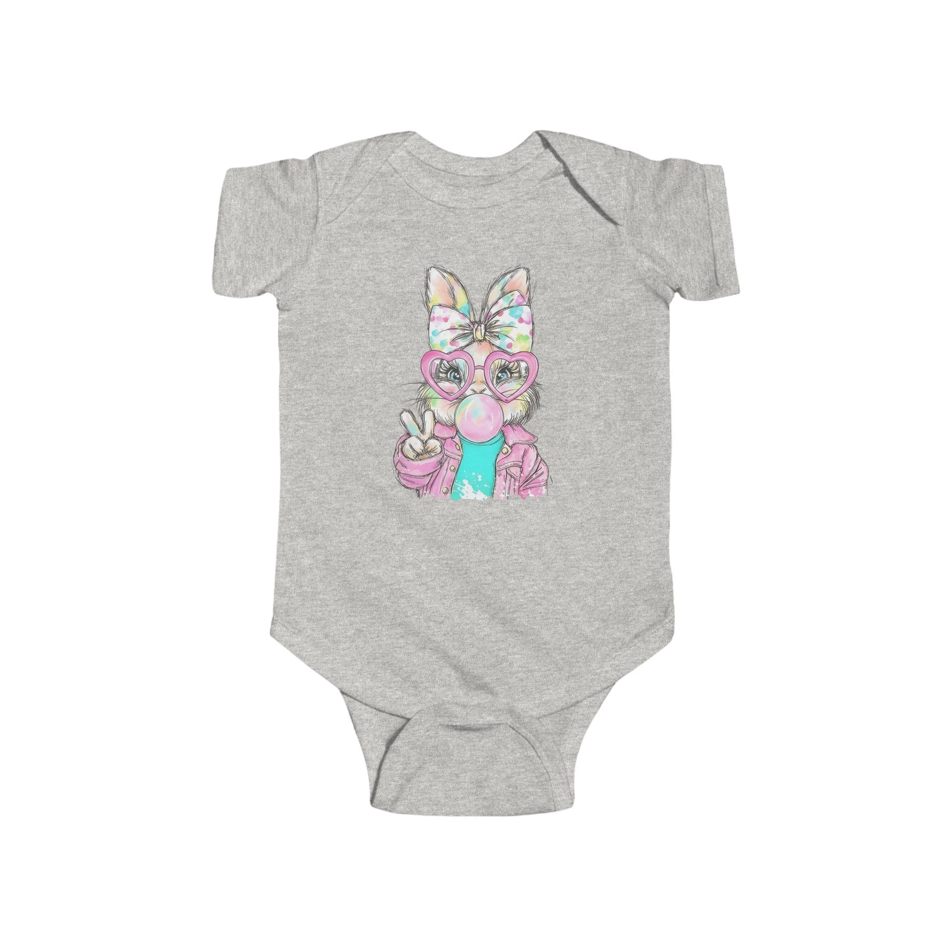 Gray baby onesie with a colorful fox design on a white background