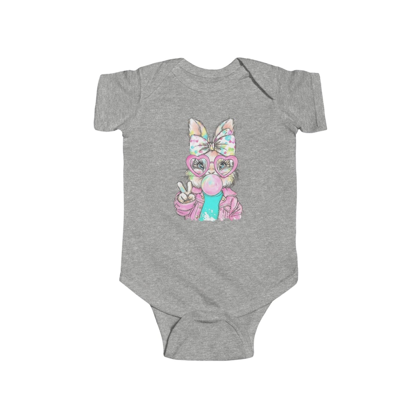 Gray baby onesie with text on a white background