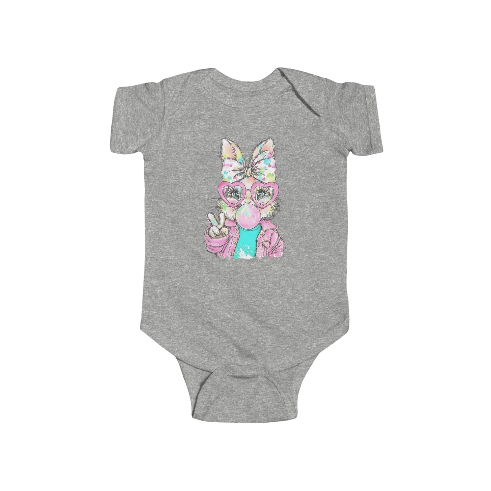 Gray baby onesie with text on a white background