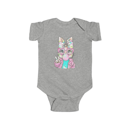 Gray baby onesie with text on a white background
