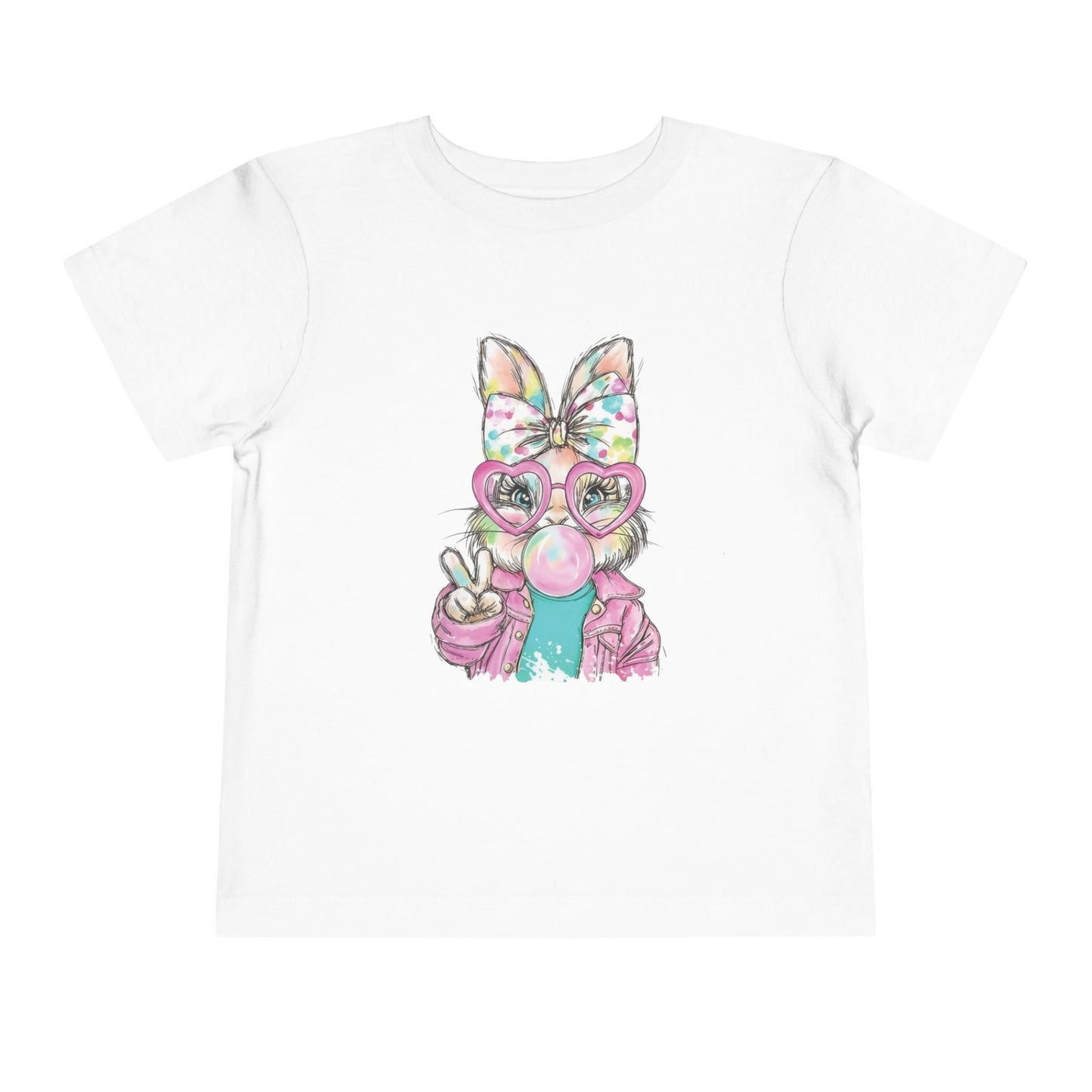 White t-shirt with a colorful cartoon character holding a peace sign on a white background