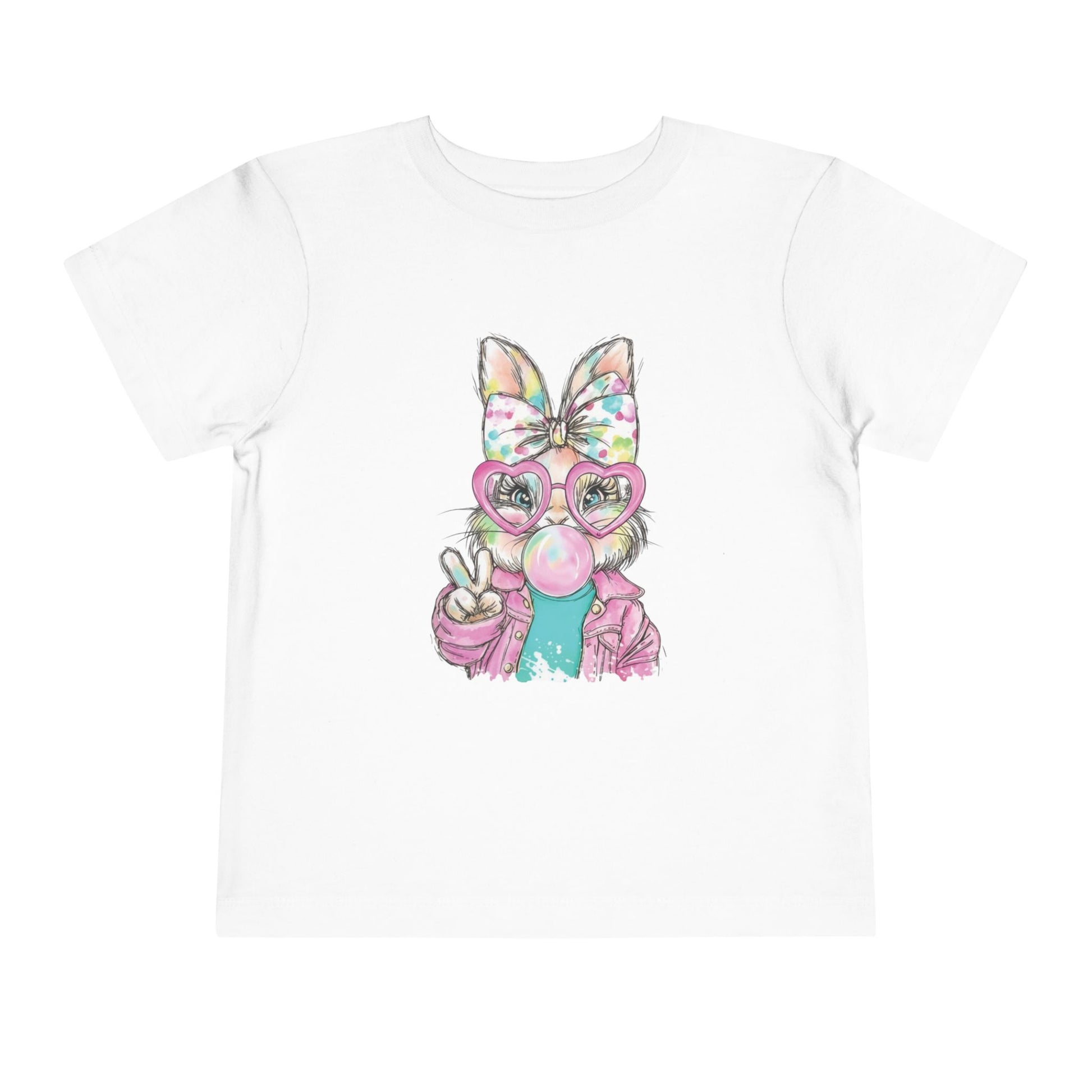 White t-shirt with a colorful cartoon character holding a peace sign on a white background