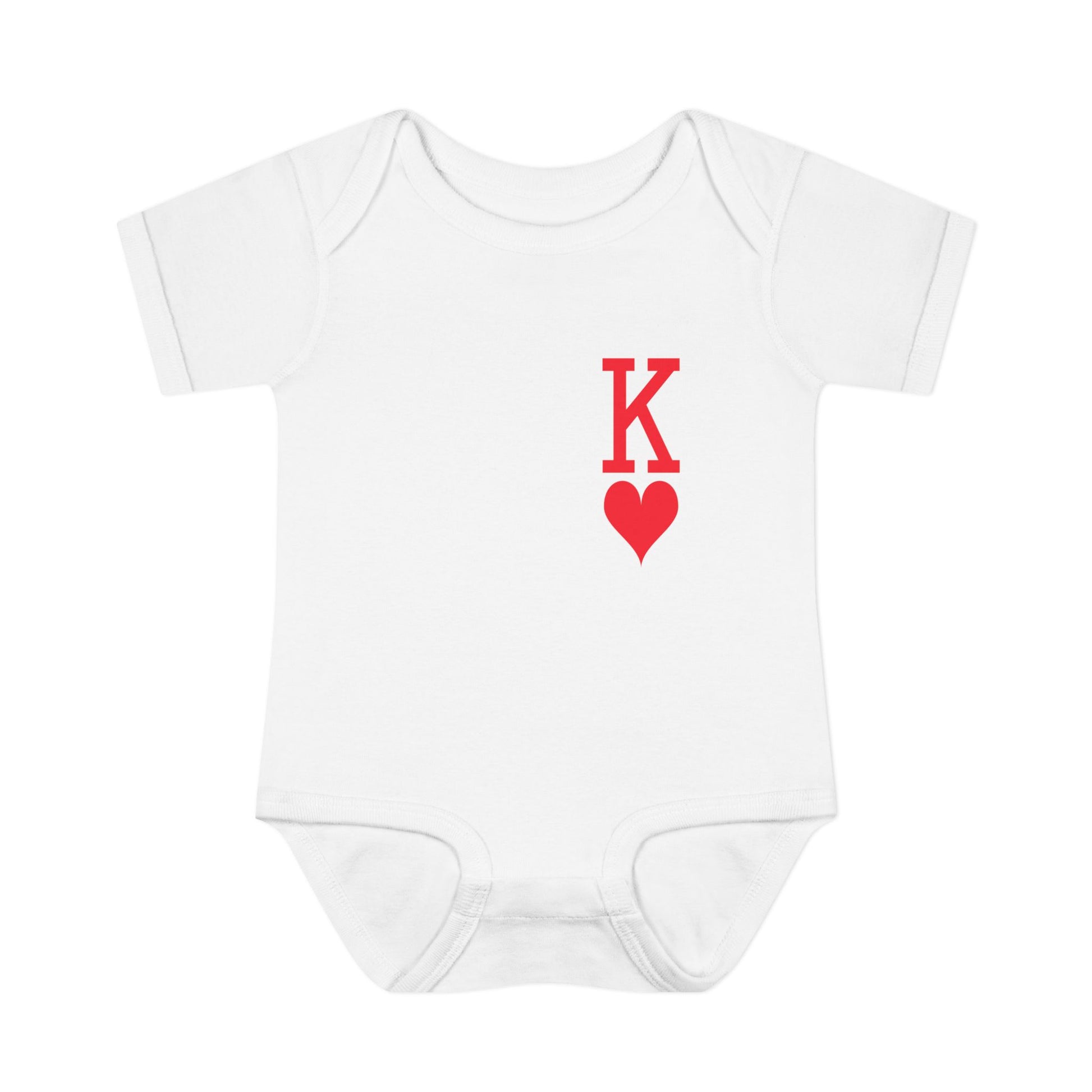 White baby onesie with a red 'K' and heart design on a white background