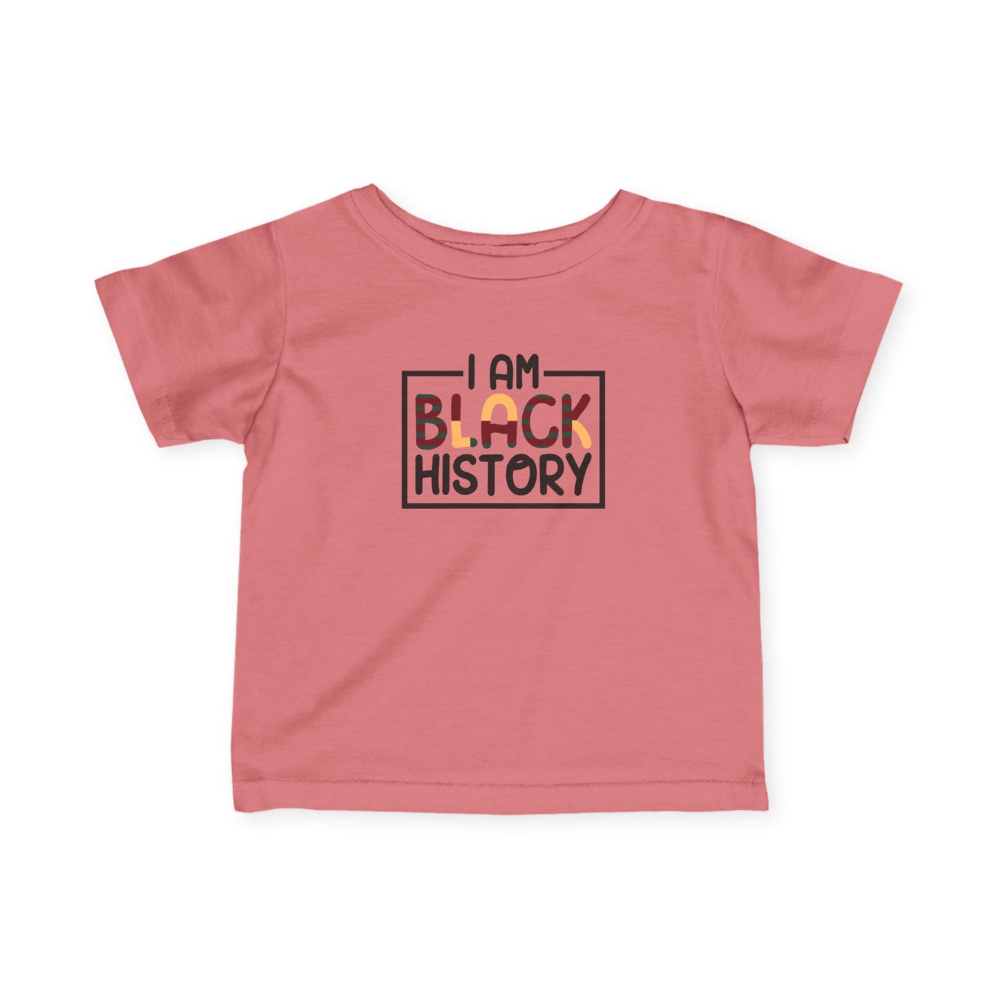 Pink t-shirt with 'I AM BLACK HISTORY' text on a white background