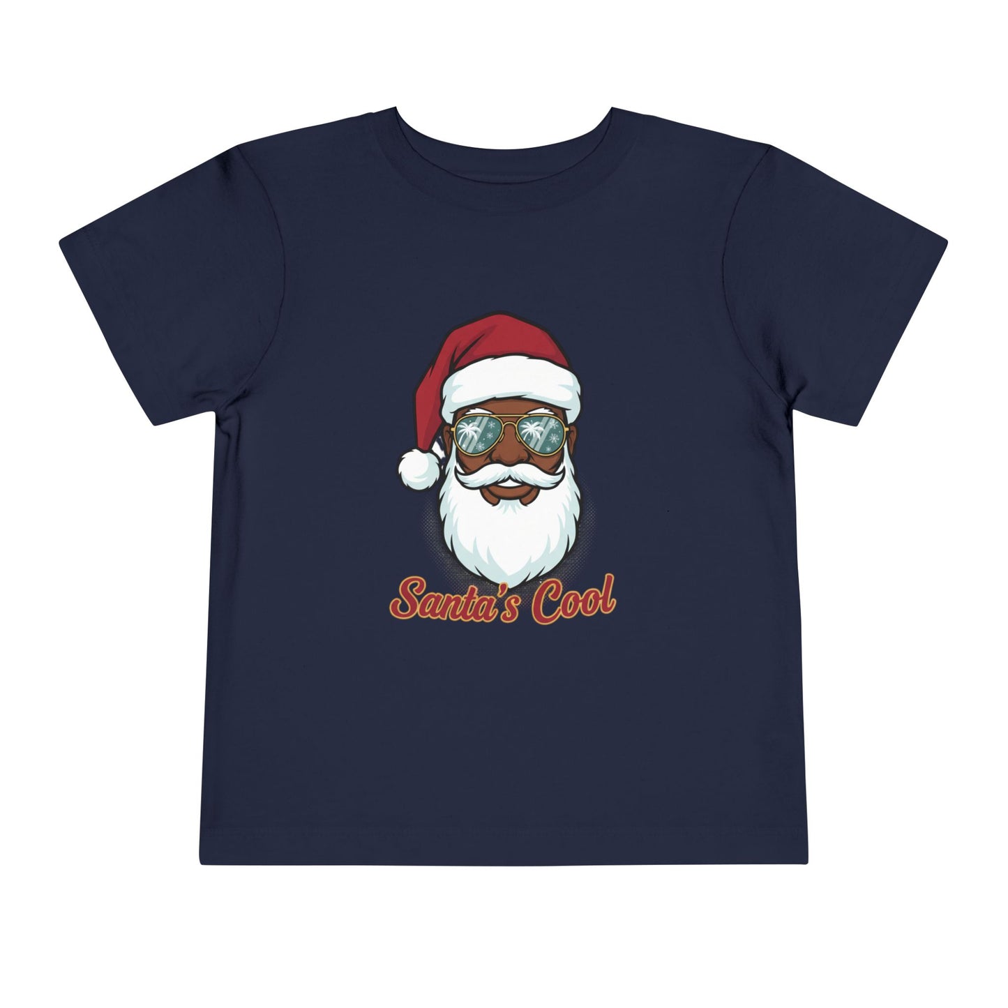 Navy blue t-shirt with a graphic of a cool Santa Claus wearing sunglasses and 'Santa's Cool' text on a white background.