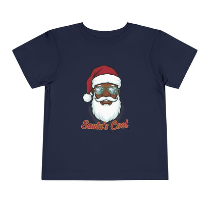 Navy blue t-shirt with a graphic of a cool Santa Claus wearing sunglasses and 'Santa's Cool' text on a white background.