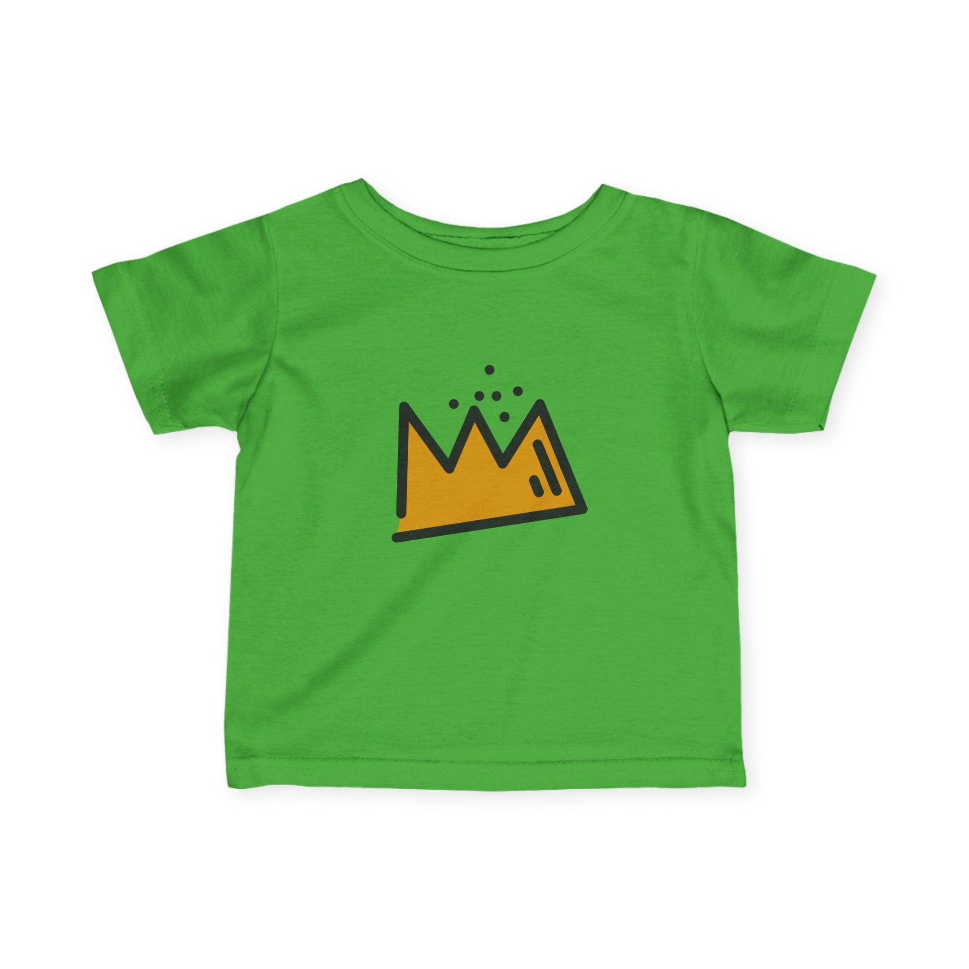 Green t-shirt with a yellow and black  Basquiat crown design on a white background
